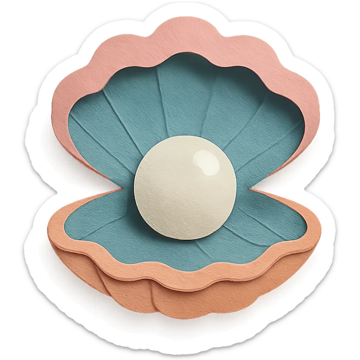 close-up of a clam holding a pearl, textured paper details, paper-craft style sticker