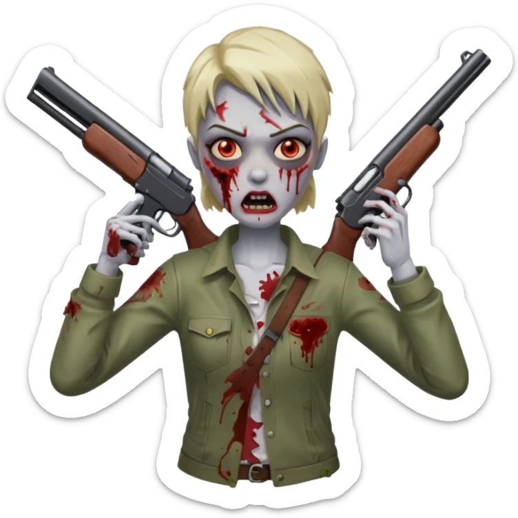 Survivor aiming shotgun at zombie, zombie in front, action pose, blood flying, no background













 sticker