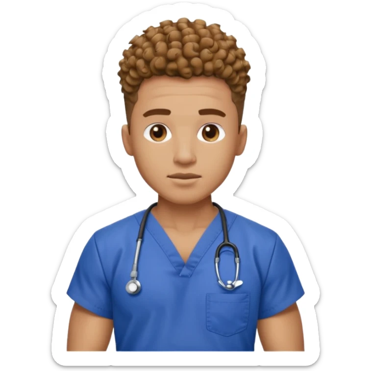 Ripped, athletic man with thick neck, high top fade with no part, curly hair only top only, and show waistline up, add scrubs, man face sticker