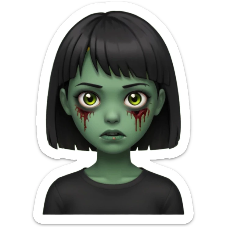 Zombie girl emoji verde escuro com cabelo curto liso preto no ombro e franja na altura da sobrancelha cobrindo completamente a testa, usando uma blusa preta, com a cor dos olhos sendo PRETOS  sticker