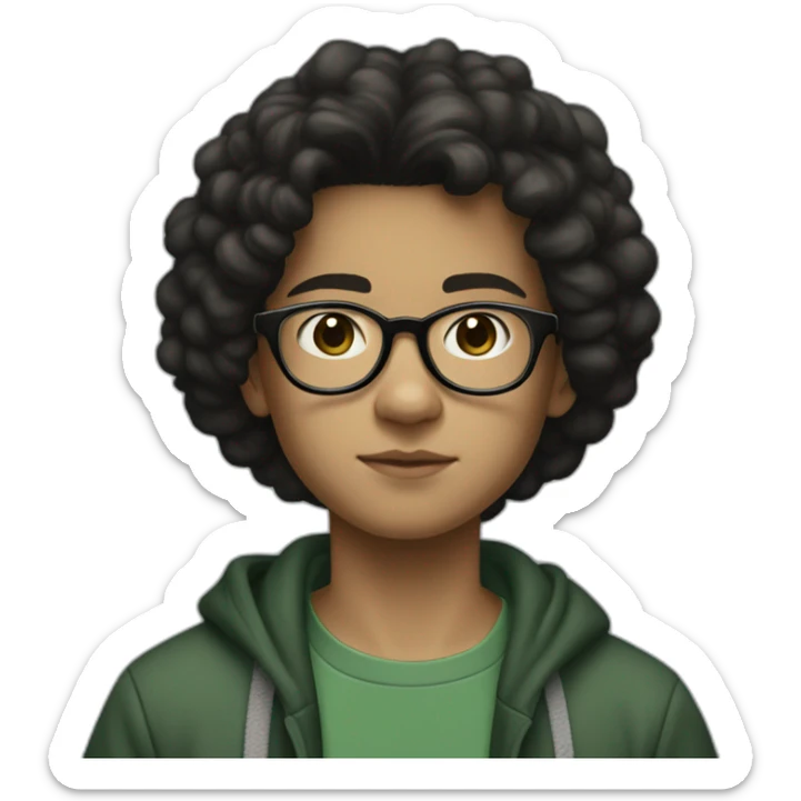 A 13 year old boy with black hair and black square glasses standing and wearing baggy jeans and white sneakers and a dark green sweatshirt, slightly big nose and light skin color sticker