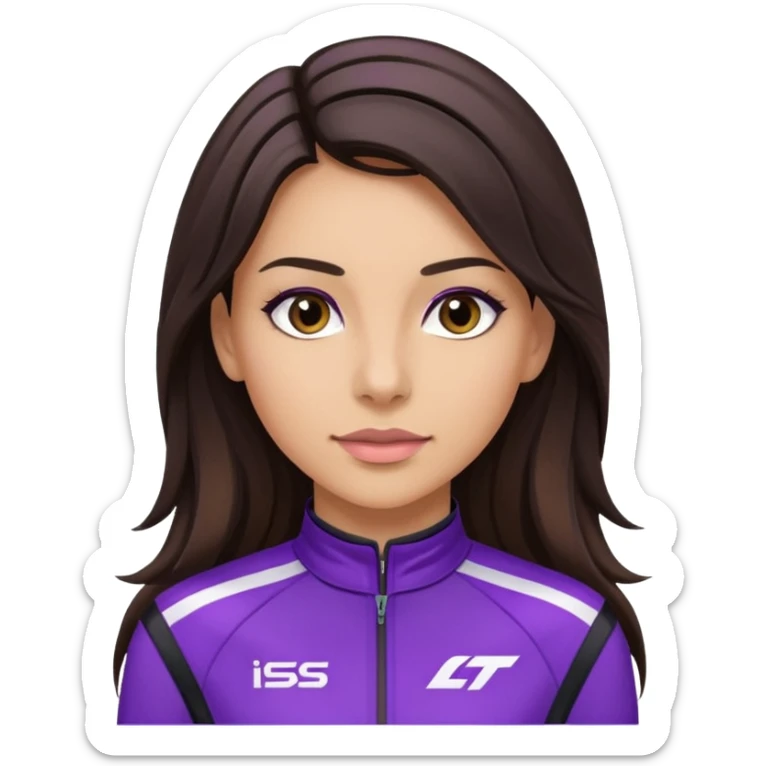 brunette long hair woman with black racing outfit with purple strips sticker