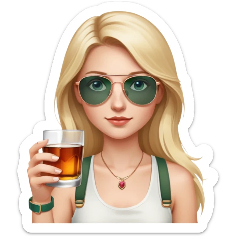 girl with long blond hair
with blue eyes
and aviator sunglasses
wearing white tank top 
holding a glass of whiskey 
wearing (rose gold apple watch with forest green band) sticker
