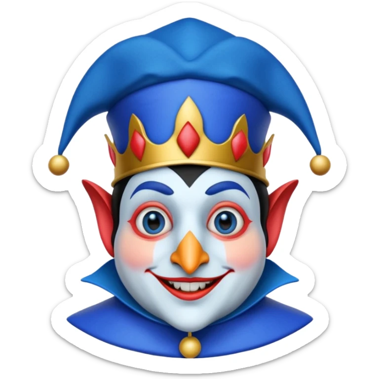 crazy funny colorful real penguin jolly joker, medieval, vintage, court jester, mac os icon, blue color sticker