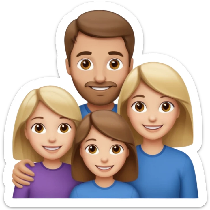 happy white family with one brown hair dad, one brown hair mom, one blonde girl, and one brown hair girl sticker