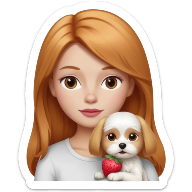 white Maltese terrier with pink nose sitting on lap of girl with long blow-dried strawberry blond hair, brown eyes, thin eyebrows, slim nose, beautiful lips, Apple memoji emoji style sticker