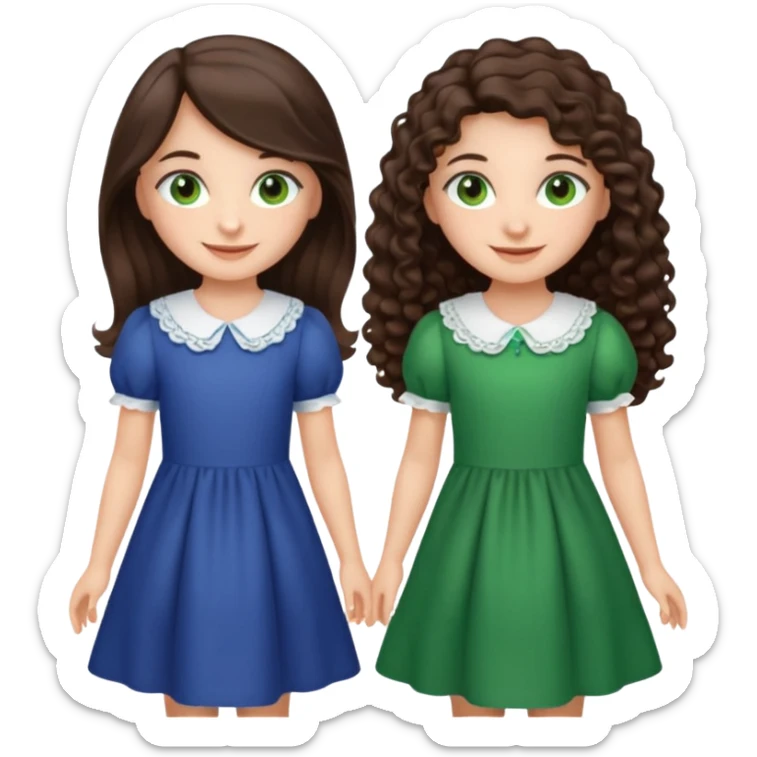 Two moppet girls, 1: long ironed straight darkbrown hair, green eyes, 2: long curly darkbrown hair, brown eyes sticker