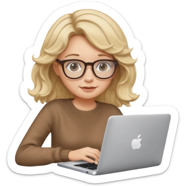 iOS style emoji, upper body view: blonde girl with dark blonde wavy hair, wearing pantos-style glasses and a brown sweater, sitting with a laptop, flat vector design, soft pastel colors, white background, Apple emoji style, upper body shot sticker