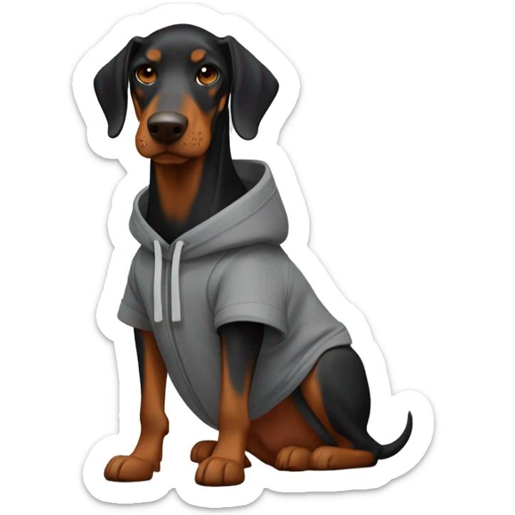 Doberman black with brown tan in a gray hoodie with an orange helmet sticker