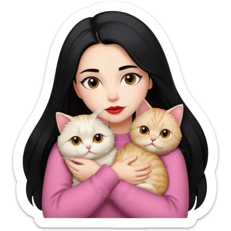 Beautiful Girl Long Hair black, Brows Big , Skin White, Sweater Pale Pink , Big Red Lips, Eyes Brown, Hug Little baby Persa Cream Cat With Cute Eyes sticker