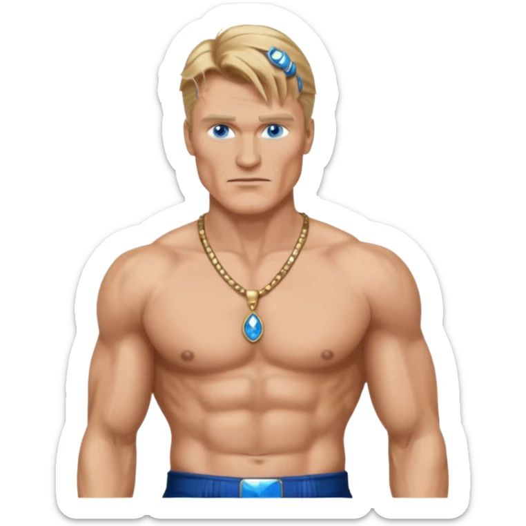 Dolph Lundgern with shirtless with necklace, blue eyes, dark blonde hair, metallic black pants sticker