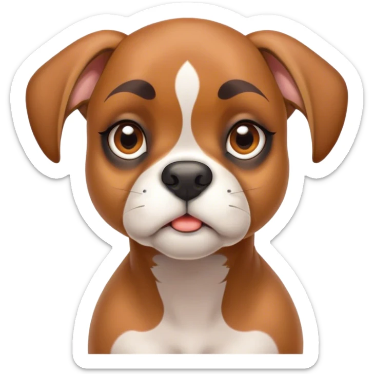 Cinematic Cute Fawn Boxer Portrait Emoji, Head tilted playfully and inquisitively, with a glossy fawn coat highlighted by a white muzzle and chest, round, sparkling brown eyes filled with curiosity, Simplified yet irresistibly adorable features, highly detailed, glowing with a warm, friendly glow, high shine, affectionate and lively, stylized with a touch of whimsy, bright and endearing, soft glowing outline, capturing the essence of a mischievous yet loving pup, so playful it feels like it could bound out of the screen and into your arms! sticker