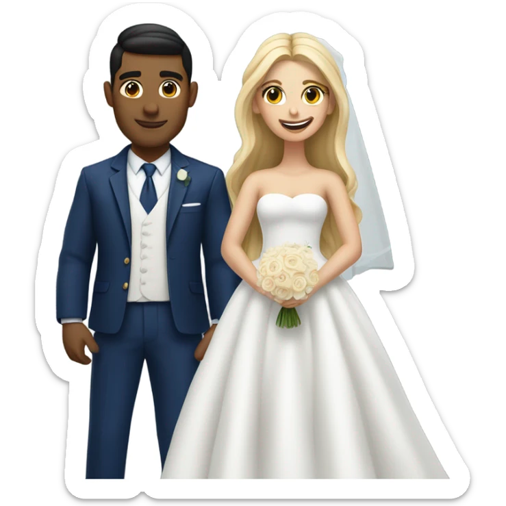 Puerto rican beard short hair with blue hat and navy blue suit getting Married with blond long hair girl with white  wedding dress  sticker