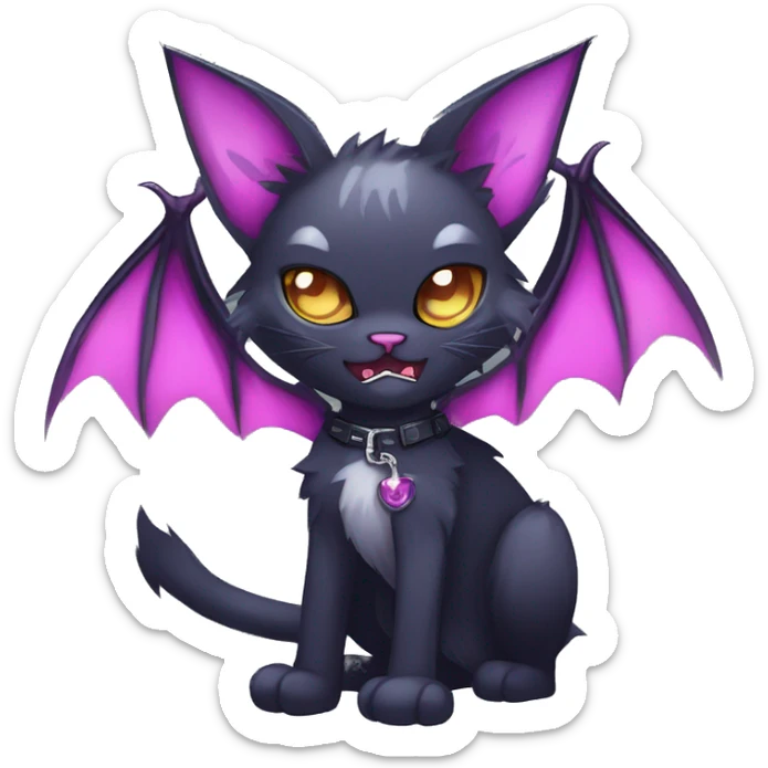   cool edgy kawaii anime-style ethereal dark-punk-themed animal vampiric cat-hybrid Fakemon with fangs and bat-wing-ears with a collar full body sticker