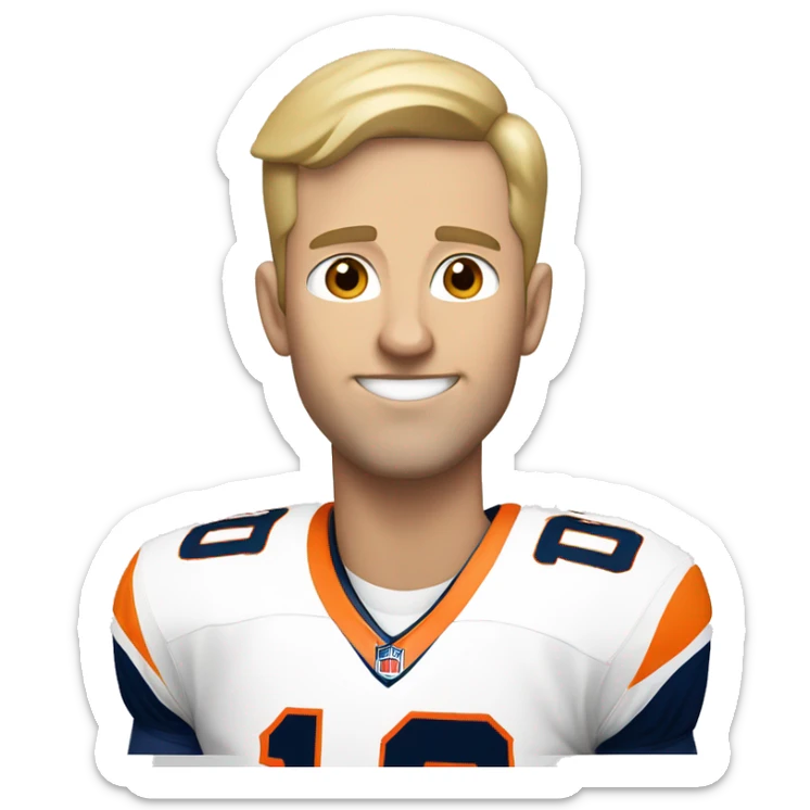 blonde caucasian man with short hair wearing a broncos jersey with the number 10 and holding a football sticker
