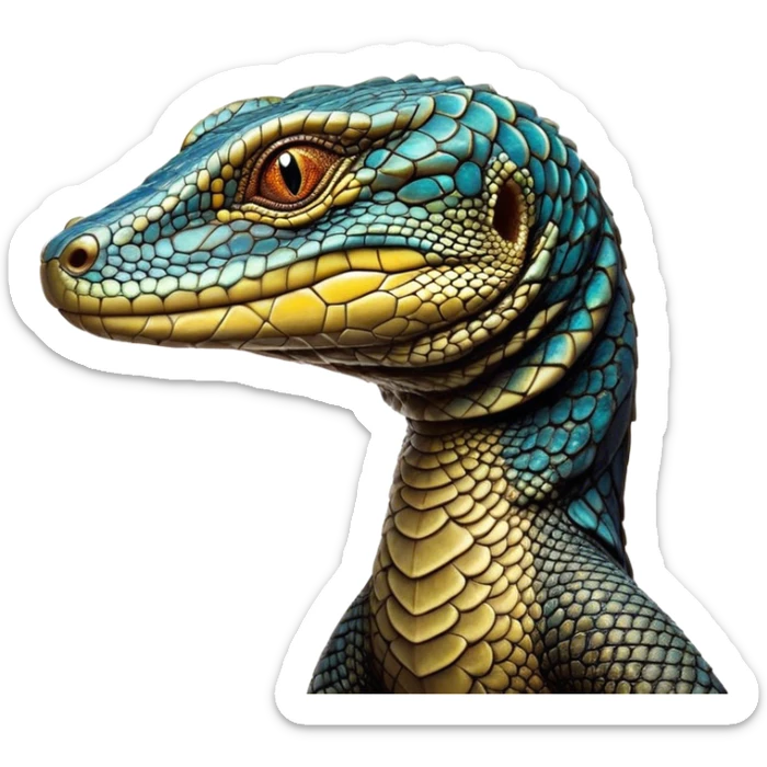 Cinematic Noble Monitor Lizard Portrait Emoji, Poised and regal, with a robust, scaled body exhibiting striking, mottled patterns and piercing, alert eyes, Simplified yet sharp and sophisticated features, highly detailed, glowing with a soft, earthy glow, high shine, intelligent and formidable, stylized with an air of ancient wilderness, focused and commanding, soft glowing outline, capturing the essence of a watchful and confident reptilian guardian that appears ready to stride out of the screen with effortless authority! sticker