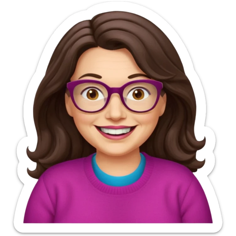 50 yr Caucasian woman, long dark brown hair parted on side, brown eyes, brown glasses, big smile, white teeth, fuscia sweater, chubby, wavy hair sticker