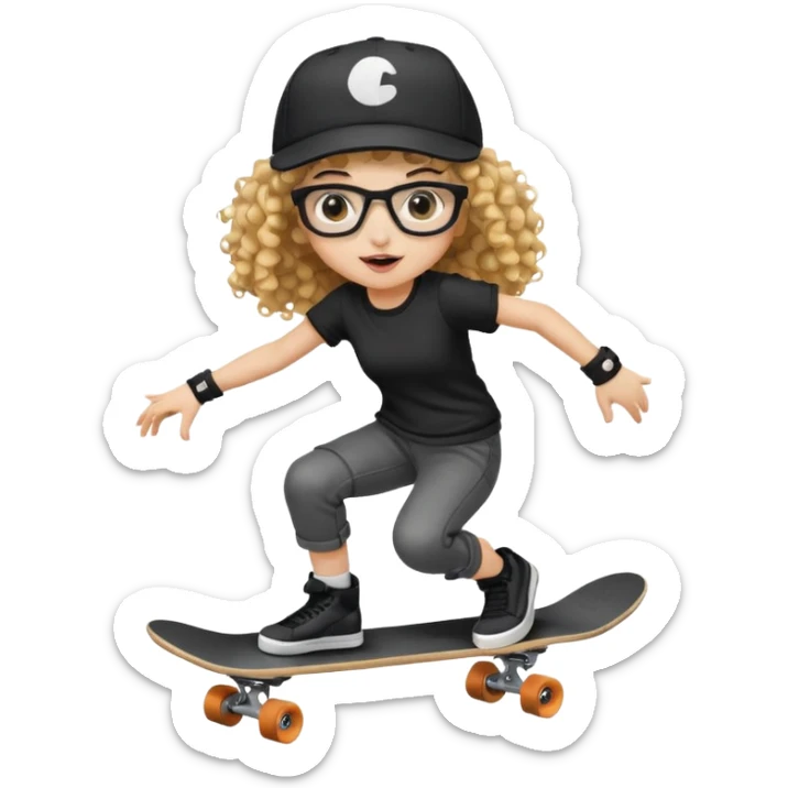 ["An excited girl with light skin, curly hair, wearing a baseball cap and square glasses, dressed in goth fashion, is skateboarding while holding a camera."] sticker