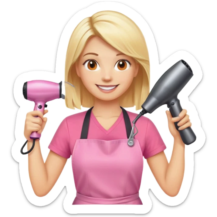 smiling blonde woman hairstylist, pink t-shirt, orange apron, hands raised, holding scissors and hairdryer sticker