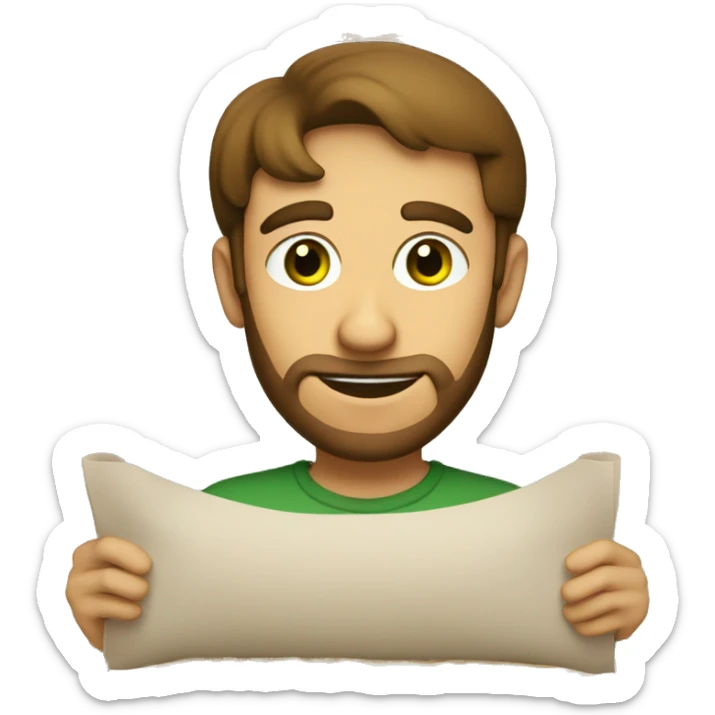 a light-skinned green-eyed man with brown hair sitting in front of the paper scroll  sticker