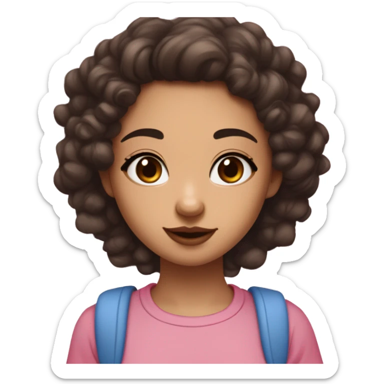 girl has darkbrown curlyhair and brown eye  a skin between white and brown and a Asian type nose and a mole uner her nose and between har first lip and her nose and she has also kinda big forhead and pink kinda big lips and wearing a pink and blue t shirt sticker