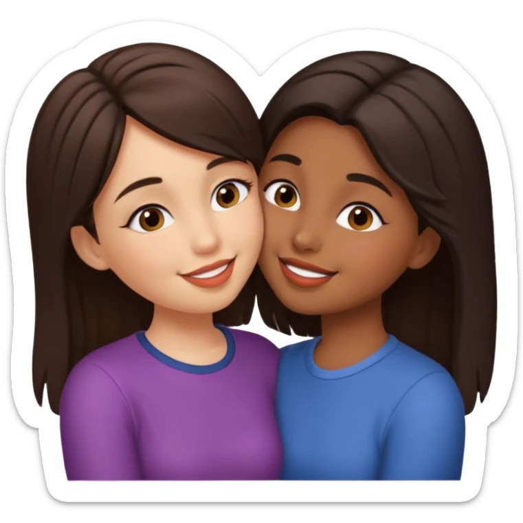 A girl kisses her friend The girls' hair color is dark brown. With wheatish skin  sticker