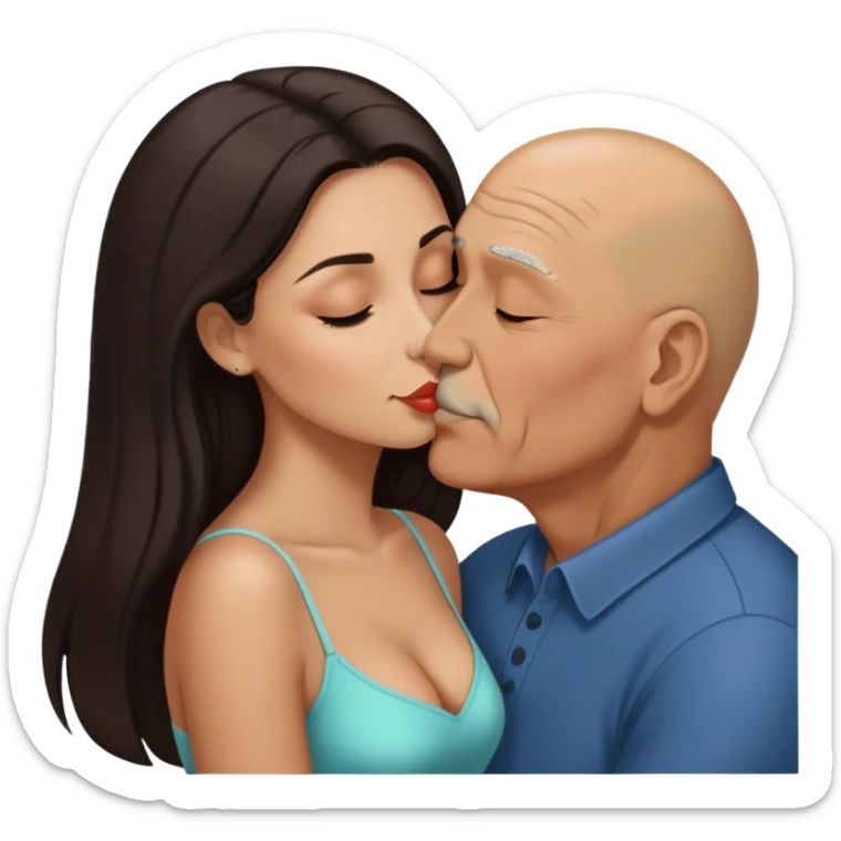 Beautiful woman with long dark hair, kissing a older Hispanic  bald man sticker