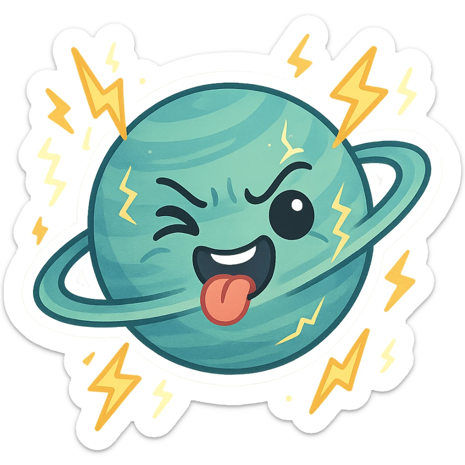 Uranus emoji with a playful, chaotic face, blue-green planet, swirling rings, lightning effects, representing electric, unexpected change sticker