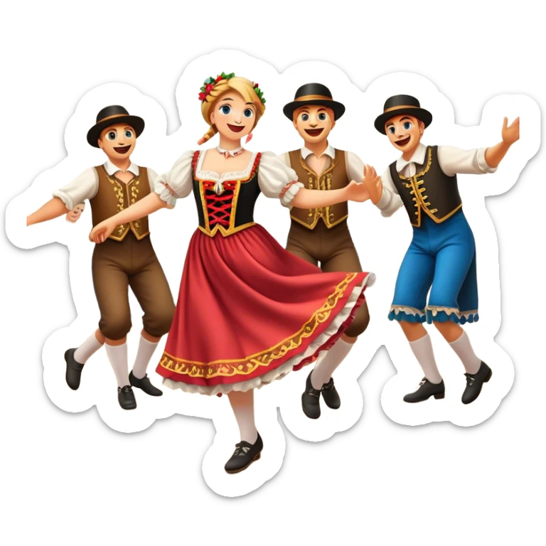 Cinematic Realistic Schuhplattler Dance Emoji, depicted as a lively traditional folk dance scene with performers in authentic Bavarian costumes, rendered with dynamic textures and festive natural lighting that captures the spirit of rural celebration. sticker