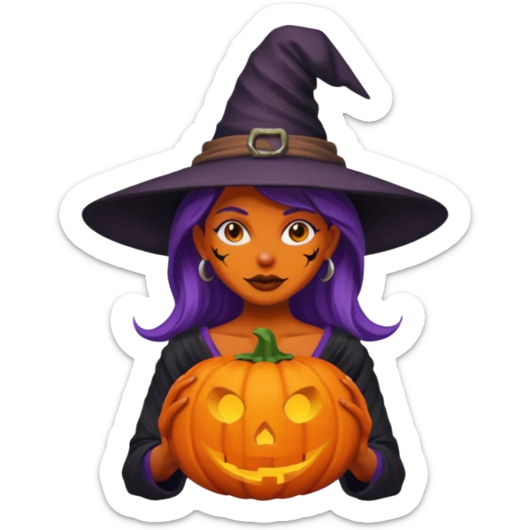 A naked woman with bare chest wears a carved pumpkin head and a witch hat with purple skin sticker