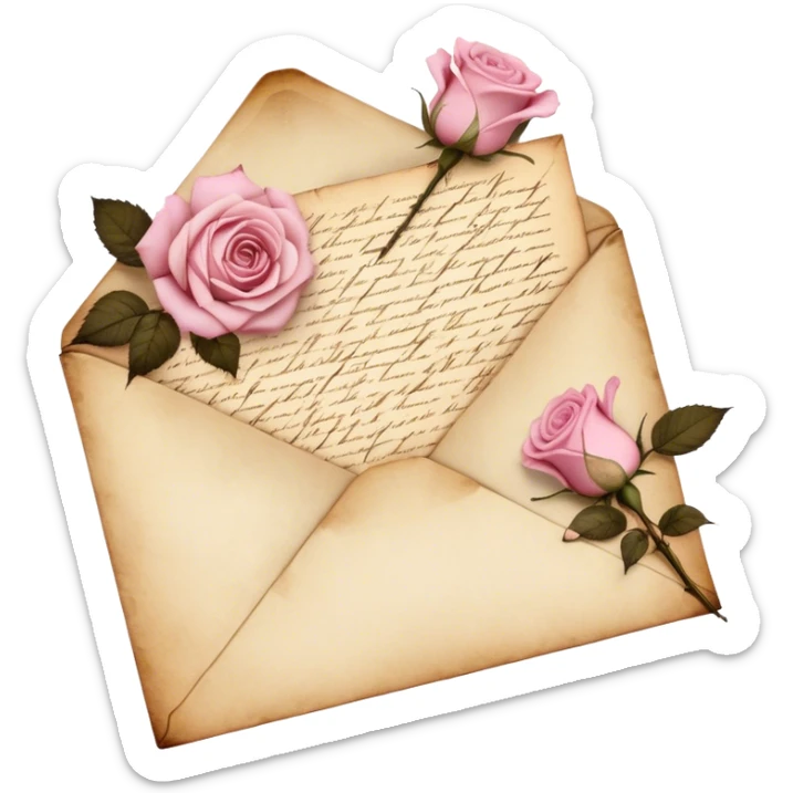 An antique handwritten letter with dried light pink roses and a golden wax seal, vintage aesthetic. sticker