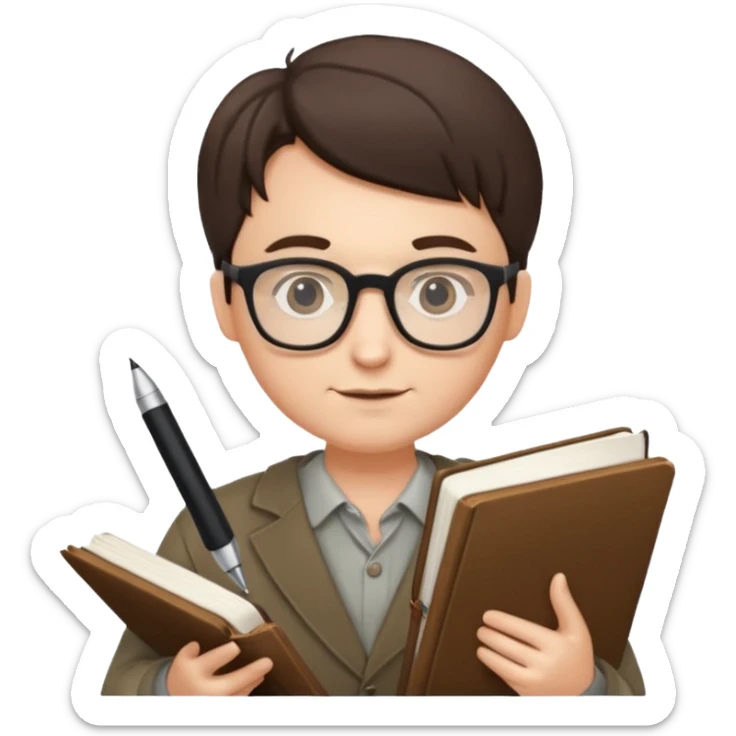 writer holding big pen in hand and book in other hand, wearing glasses sticker