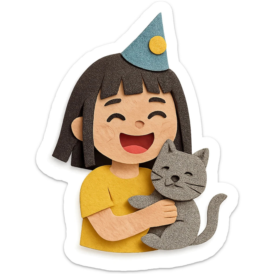 asian girl laughing, holding a grey cat, birthday party, paper craft style sticker
