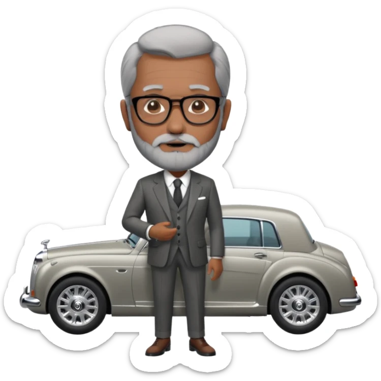 Professor Bentley Dyed black gray hair  frencb beard graying indian guy in suit with a bentley car. Older look around 60 yrs  with glasses slight balding sticker