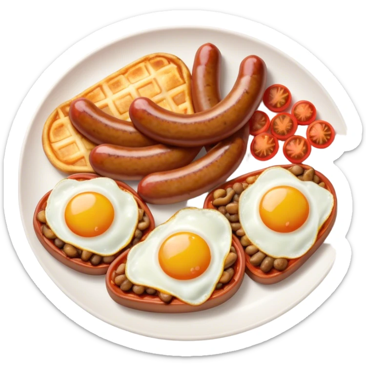 English Breakfast Cinematic Realistic English Breakfast Dish Emoji, depicted as a hearty plate featuring 2 sizzling sausages, a central serving of baked beans, 2 perfectly fried eggs, 2 sliced grilled tomatoes, 2 grilled mushrooms, and a triangle-shaped hash brown, rendered with vivid textures and warm, inviting lighting. sticker