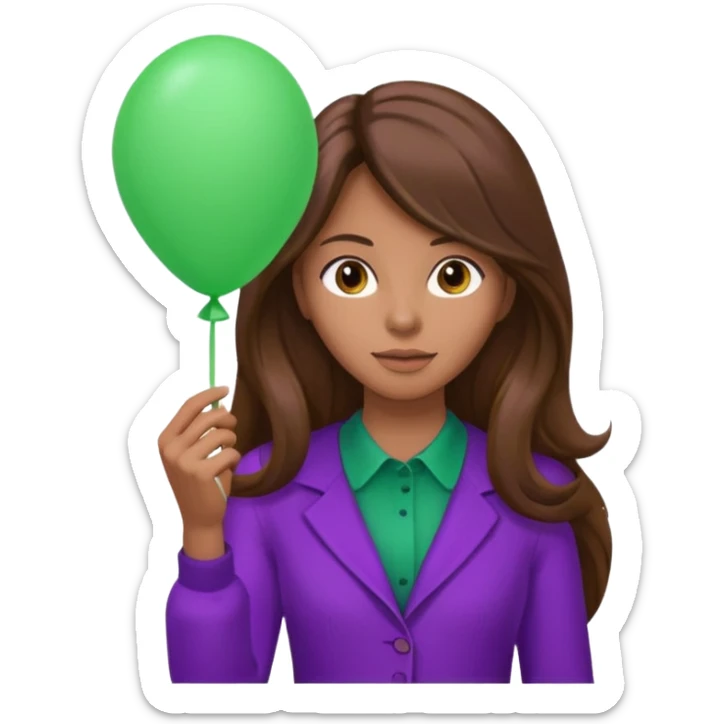woman with long brown hair and purple costumes, holding green balloon sticker