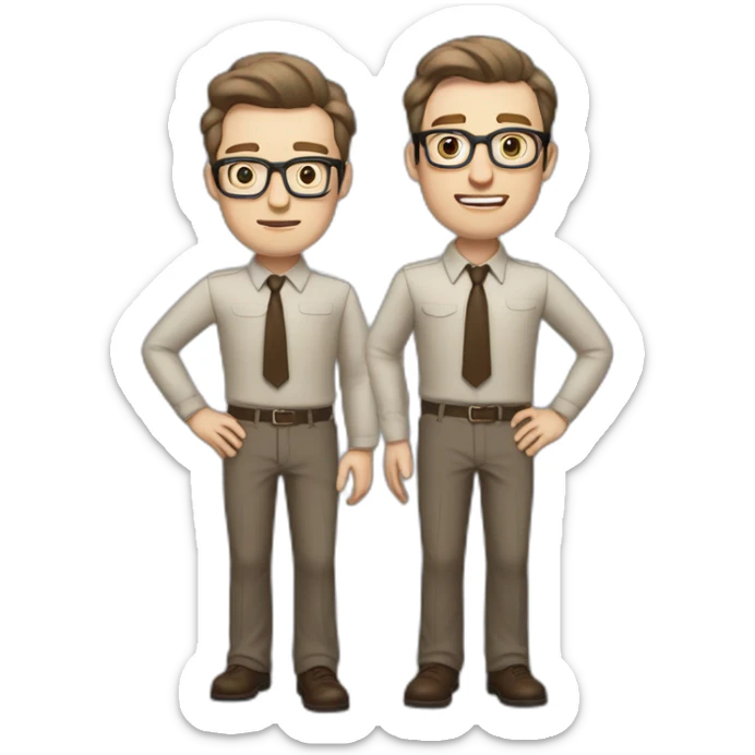 Full height Actively Gesturing Pale skinned fit man with dark brown hair in gray jacket, beige office shirt, brown tie, brown pants and vintage glasses. sticker