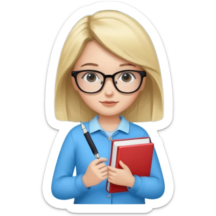 cute girl, glass, smart, Sky-blue colored clothing,
holding a book in one arm and a pen in the other hand.Holding a pen in the right hand as if teaching.Wearing black glasses, with a smart and bright-looking face. sticker