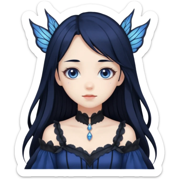 Gothic anime fairy with long beautiful black hair and dark blue dress, pastelcore, sticker