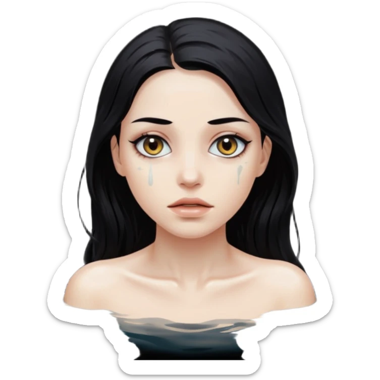 Woman submerged in black water, wet skin and eyes above surface, silent invitation sticker