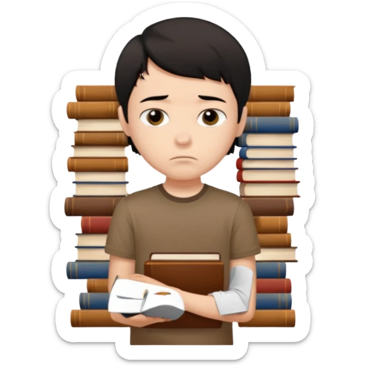 generate a pretty bratz fair skinned boy with short black hair wearing a brown tshirt surrounded by books n looking very sad sticker