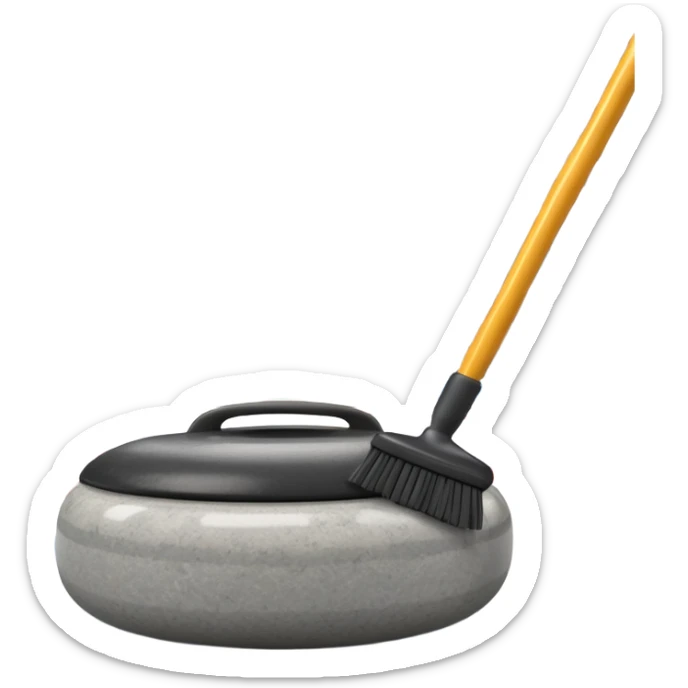 An icon showing a detailed close-up of a curling stone sliding across the ice, with a broom in motion beside it. The background features an indoor stadium with cheering spectators on the stands. Transparent background captures the strategy and focus of curling. sticker