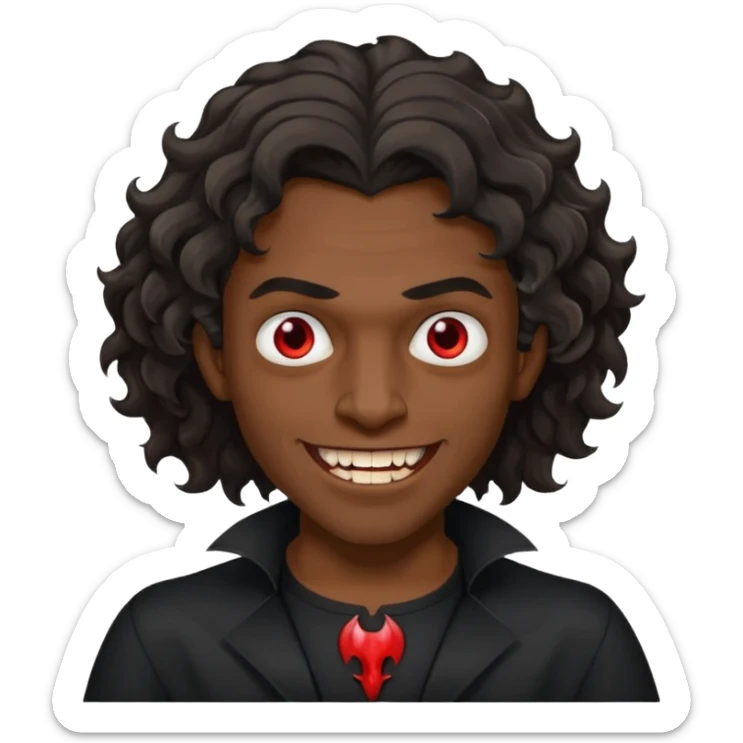 black skinned person with a black shirt on make the haircut have waves with vampire teeth sticker