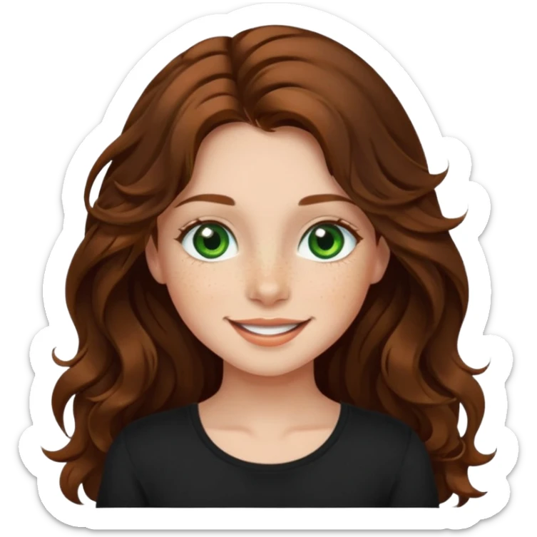 Girl with long wavy brown hair, green eyes, freckles and a black top on. Make her smile  sticker
