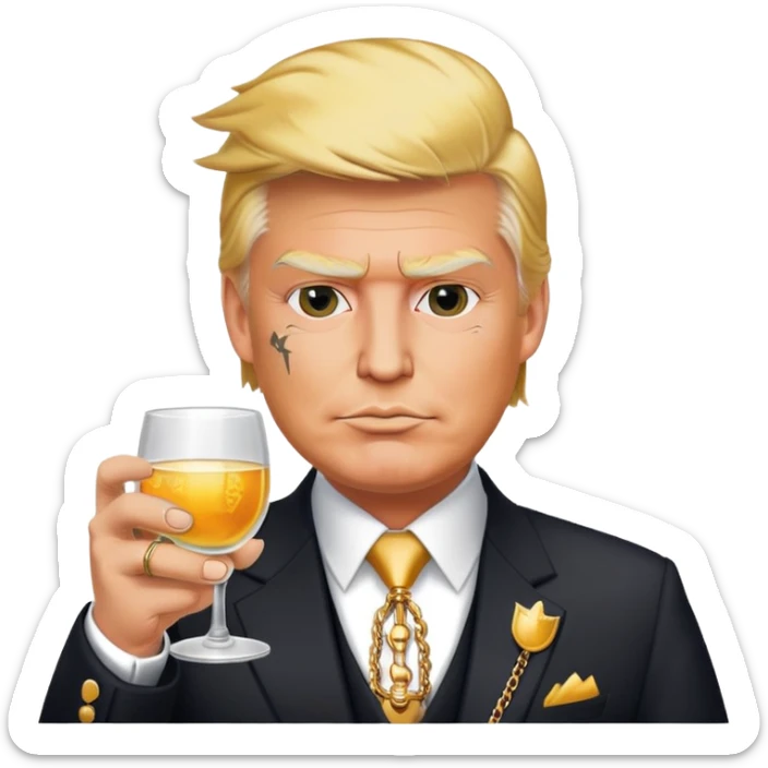 Trump in a suit, but with veneers, chains, and tattoos on his face. He is holding a glass in his hands. sticker