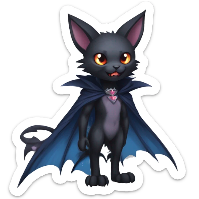   cool edgy beautiful fantasy anime-style dark-punk-themed animal vampiric Nargacuga-cat-hybrid Fakemon with big fangs and bat-wing-ears with a cape full body sticker