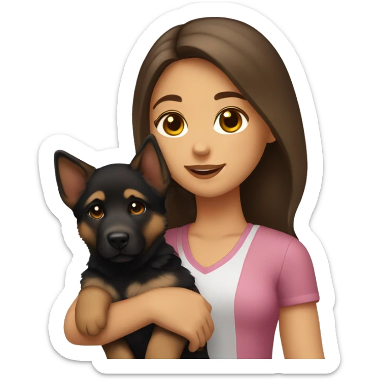 Girl with brown hair and brown eyes holding German shepherd puppy sticker