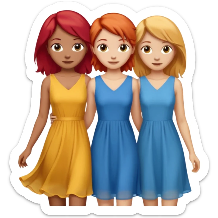 Can you create an image of 3 friends together one with red bright hair light skin one the other with brown hair with some blonde highlights in the hair fair skin the last one with light brown a tint of orange hair with flowy dresses sticker