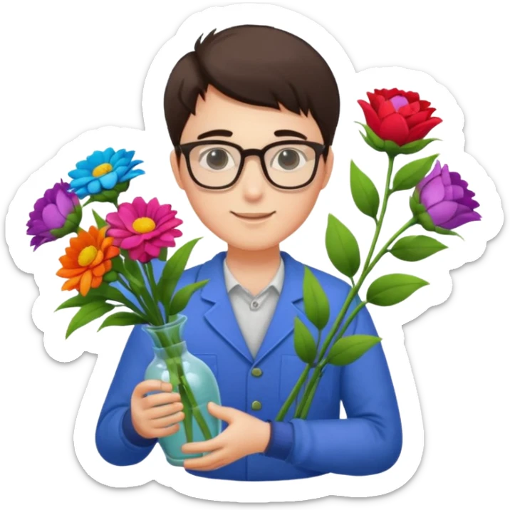 Young male florist – wearing glasses, arranging flowers in a vase. sticker