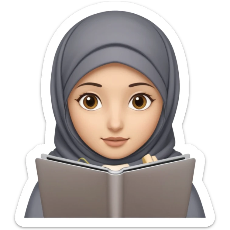 A girl with a gray hijab and hazel eyes is holding a MateBook laptop. sticker